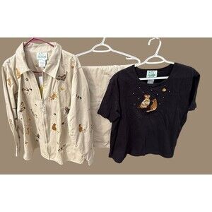 Quacker Factory 3Pc Set Jacket Pants Shirt 1X Tan Embroidered Cats Jewel Zip NOS